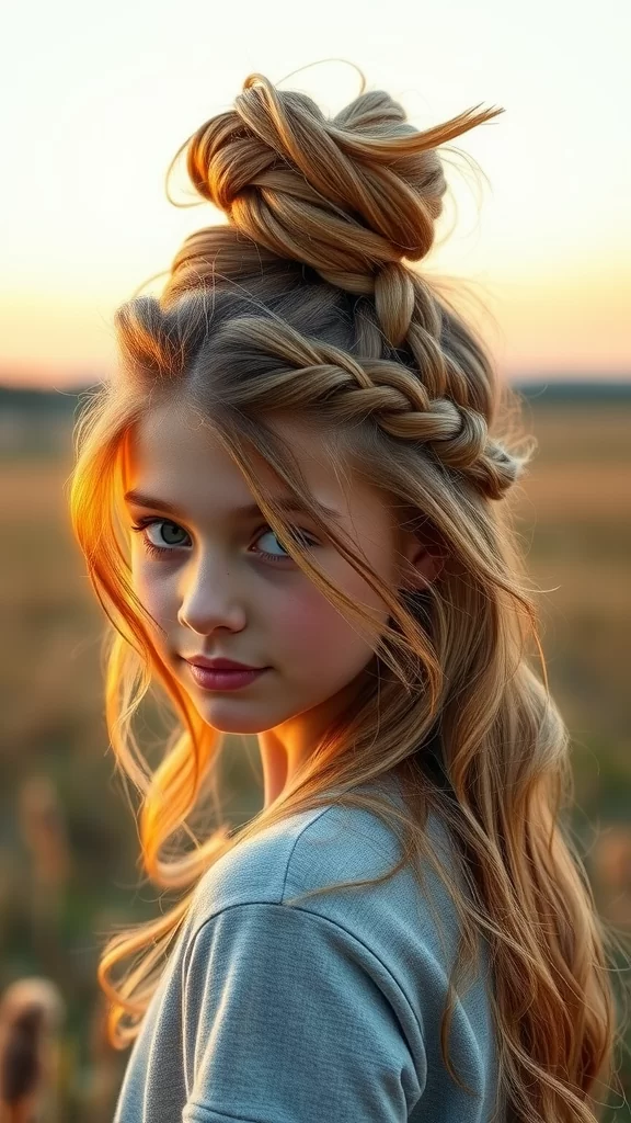 A teenage girl with a messy braided bun and loose waves, enjoying a sunset.