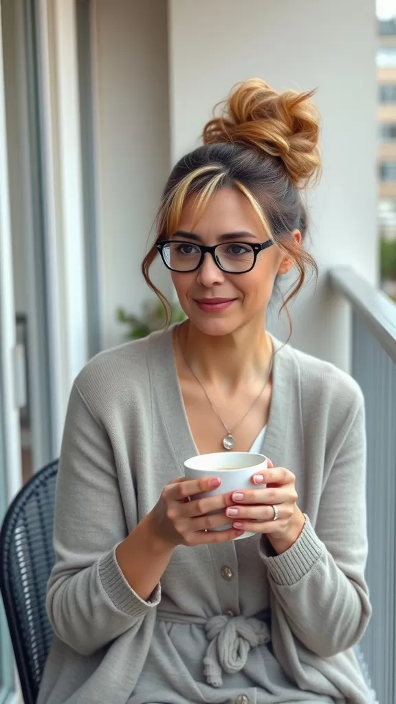 Woman with a messy bun hairstyle holding a cup of coffee, exuding a relaxed and stylish vibe.