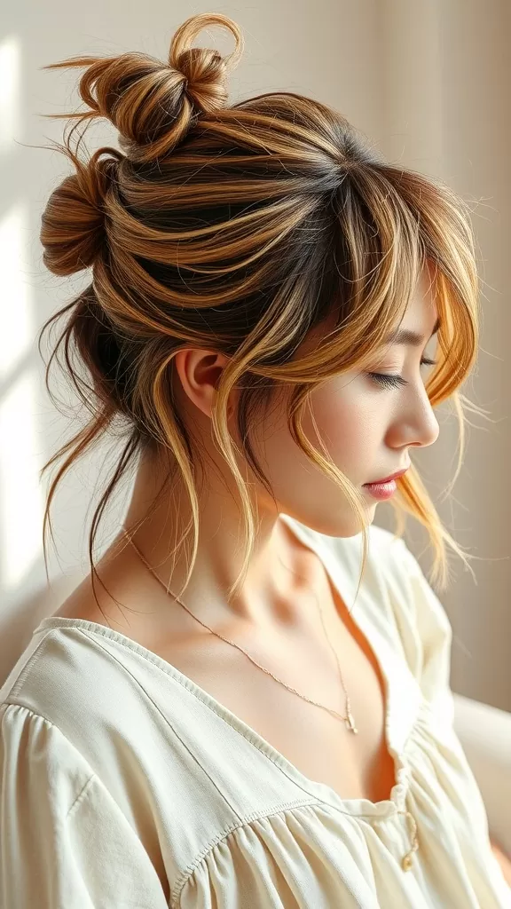 A woman with medium hair styled in a messy bun, with loose strands framing her face.