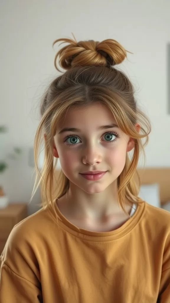 A teenage girl with a messy bun hairstyle, featuring face-framing strands, smiling at the camera.