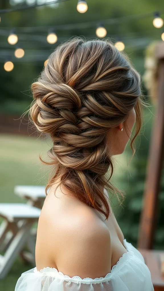 A woman with a messy bun wrapped in a fishtail braid, adorned with soft lighting in a garden setting.