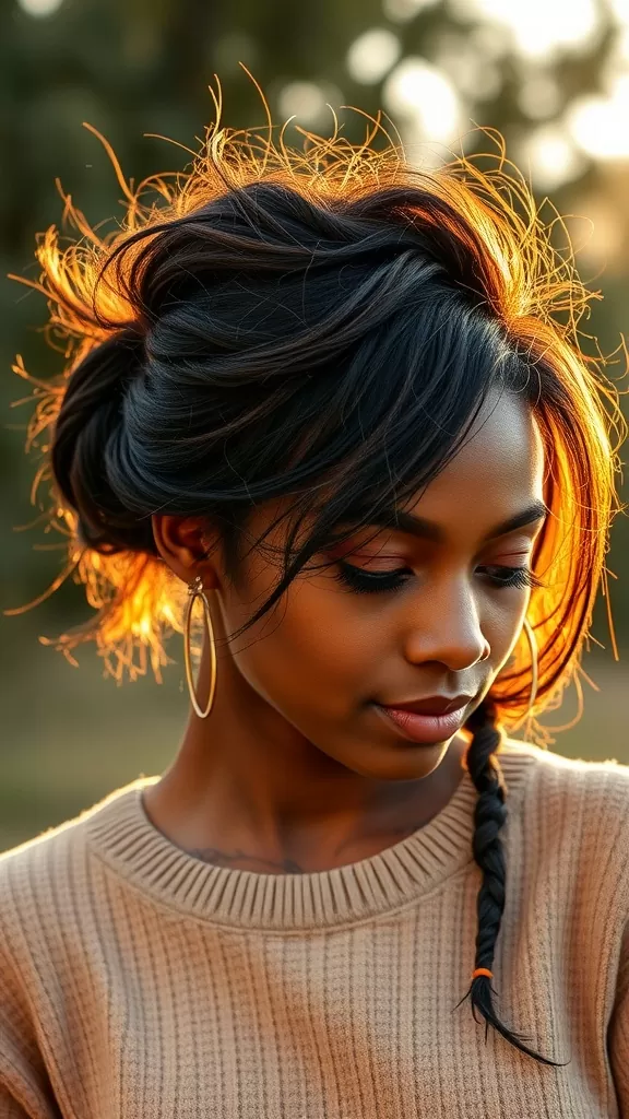 A woman sporting a messy bun with side braids, showcasing a casual yet elegant hairstyle.