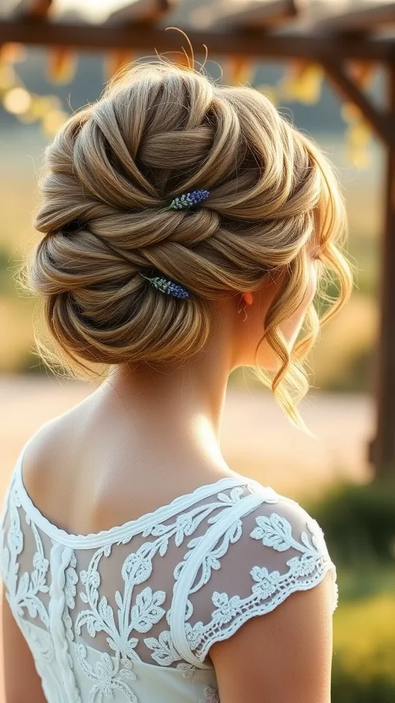 A woman with a messy chignon hairstyle adorned with lavender sprigs, showcasing an elegant and relaxed bridal look.