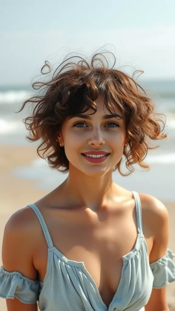 Woman with messy curly bob hairstyle at the beach