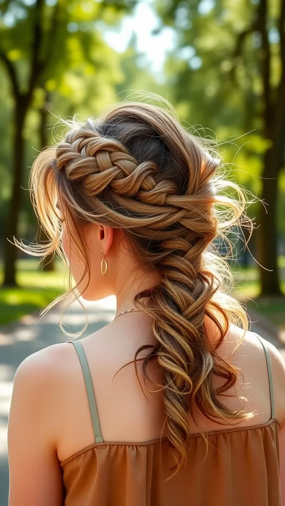 A woman showing a messy French braid updo hairstyle in a sunny outdoor setting