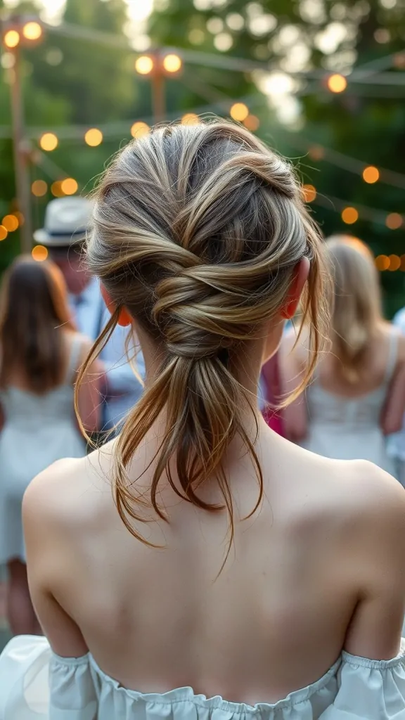 A girl with a messy French twist hairstyle, showing loose strands and soft waves.