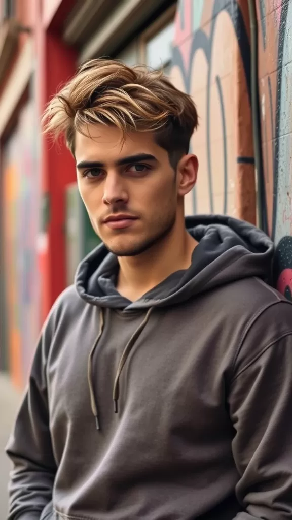 A young man with a messy fringe hairstyle, wearing a grey hoodie, standing against a colorful graffiti wall.