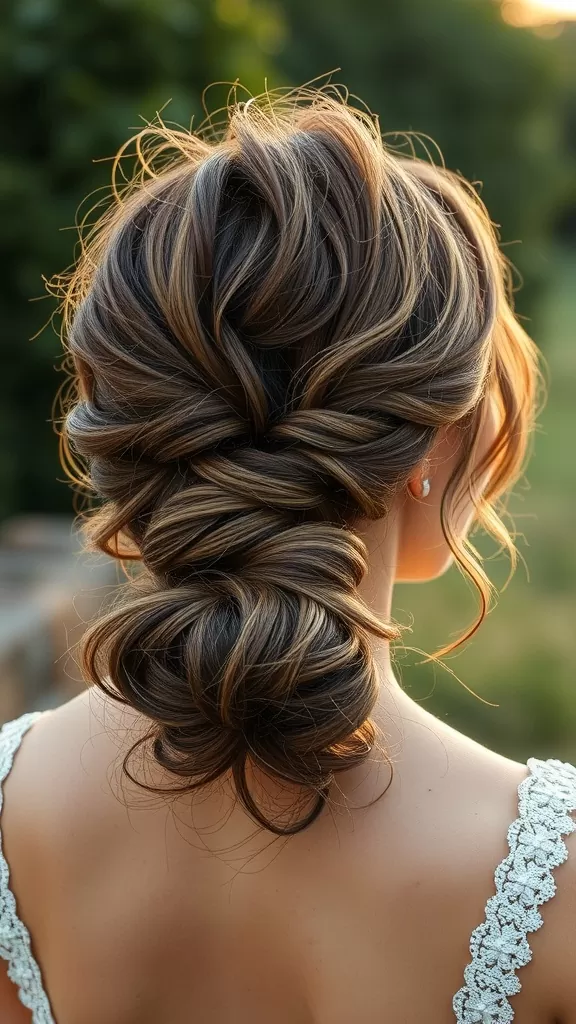 A close-up view of a messy low bun hairstyle with loose strands, showcasing soft waves and a romantic appearance.