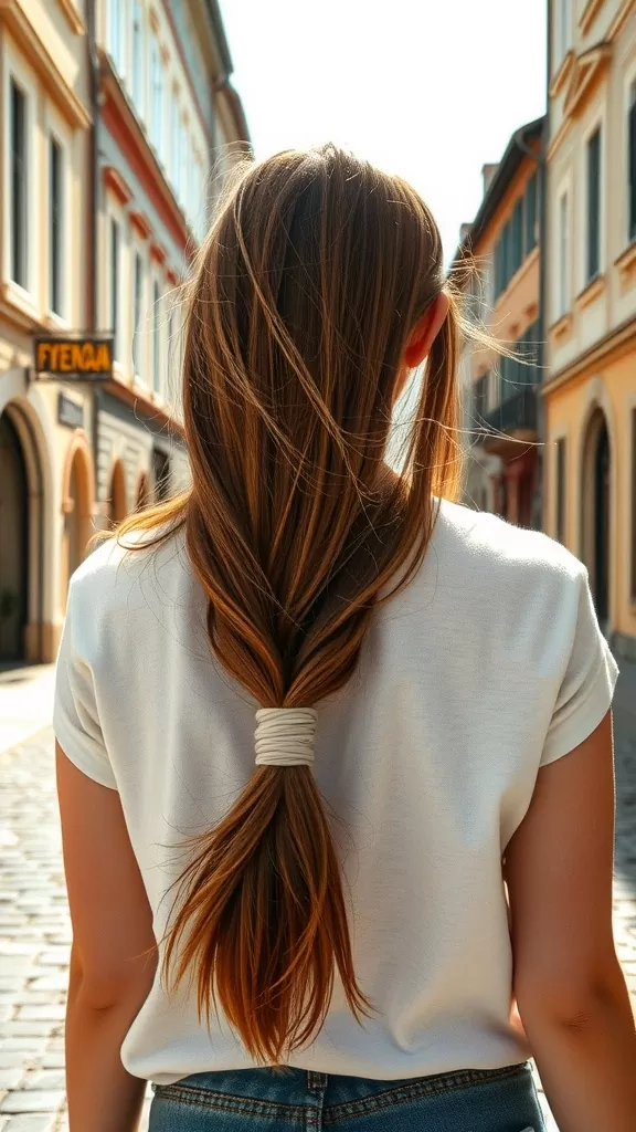 A girl with long hair styled in a messy low knot, walking down a sunlit street.