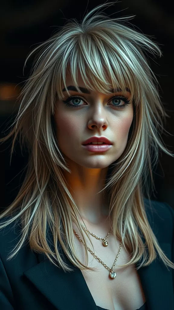 A woman with layered shag haircut, featuring soft bangs and a tousled look, wearing a black outfit with gold jewelry.