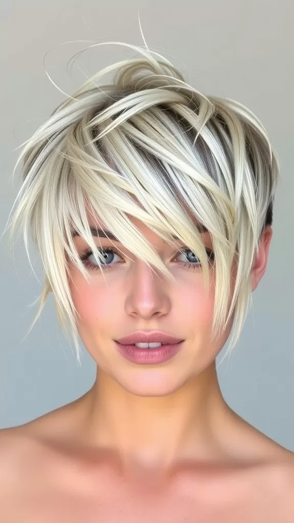 A woman with a messy pixie cut, showcasing layers and a light blonde color, highlighting a round face.