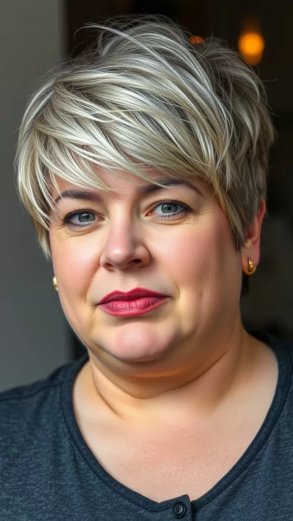 A woman with a stylish messy pixie cut, showcasing light-colored layered hair.