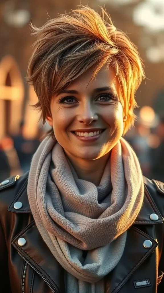 Woman with a messy pixie haircut and highlights, wearing a leather jacket and scarf, smiling at the camera.