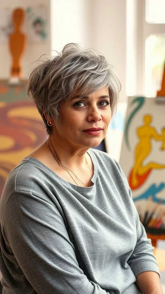 Woman with a messy pixie haircut and highlights, wearing a gray top, smiling softly