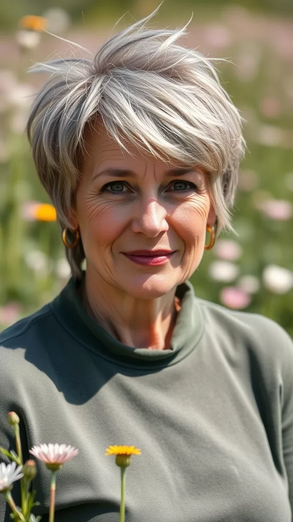A woman with a messy pixie haircut, showcasing textured layers, set against a field of flowers.