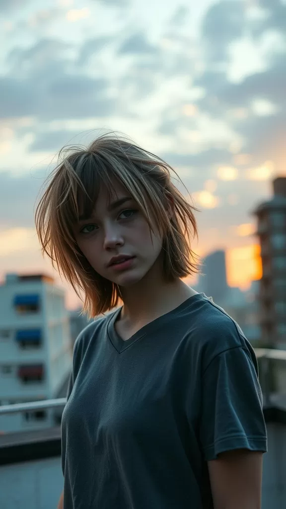 A young woman with a messy shag haircut and baby bangs, standing against a sunset background.