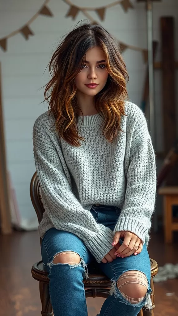 A woman with a messy shag hairstyle and highlights, wearing a cozy sweater and sitting in a chair.