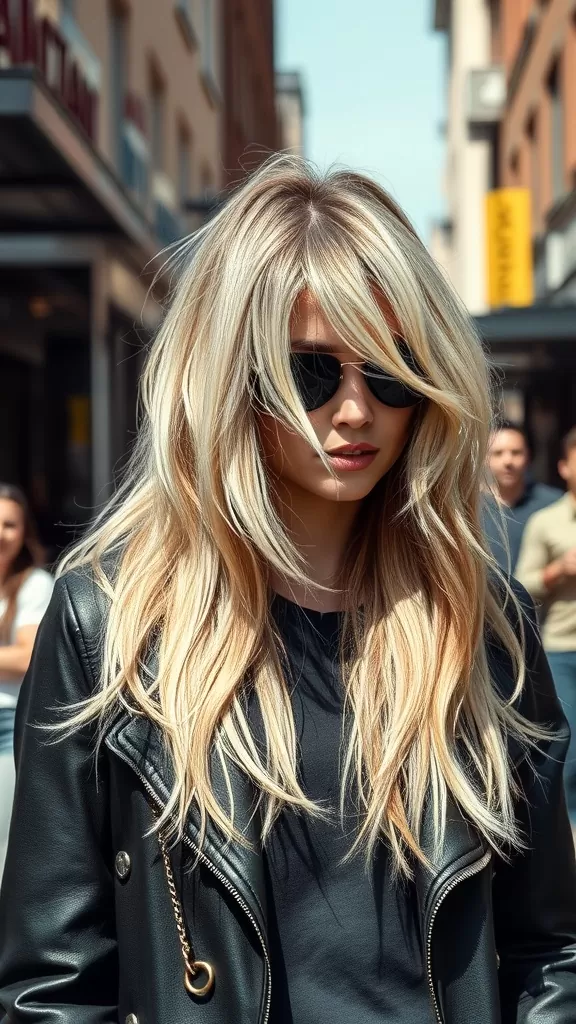 A woman with long shaggy hair wearing sunglasses and a leather jacket, showcasing a messy shag haircut with shadow roots.
