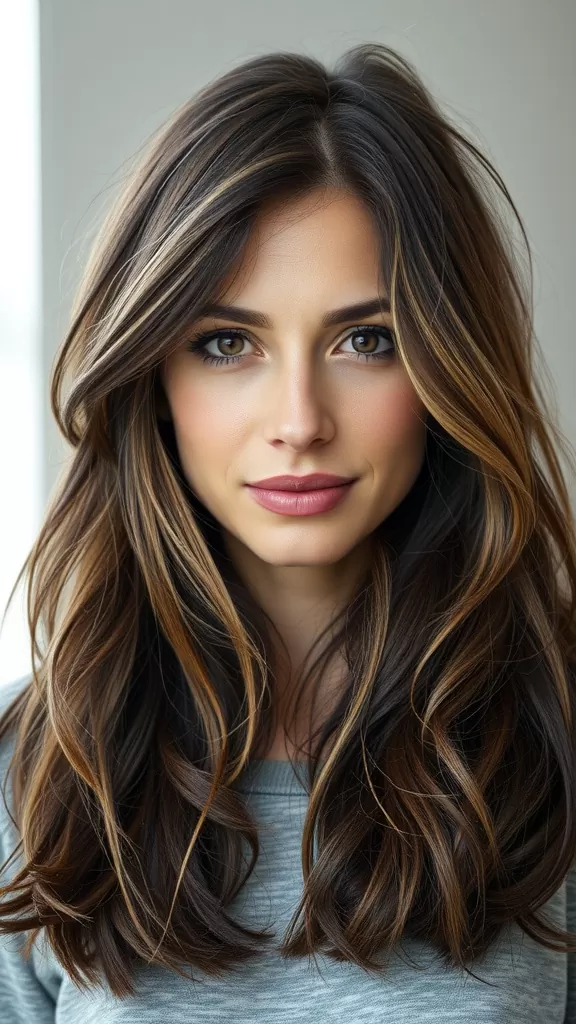 A woman with a messy shag haircut and soft bangs, featuring layers and highlights.