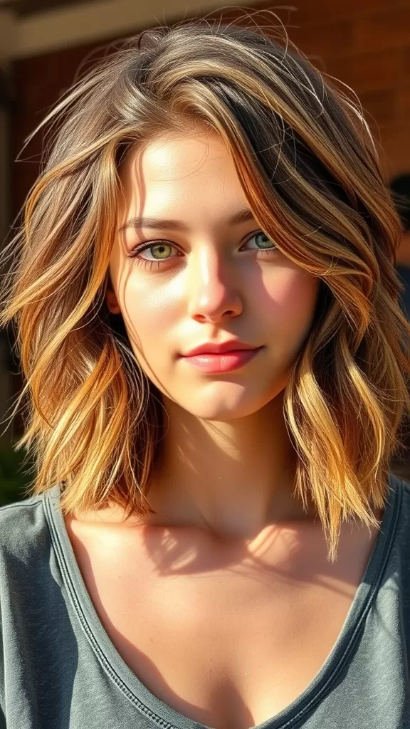 A woman with a messy shaggy bob hairstyle, featuring soft waves and subtle highlights.