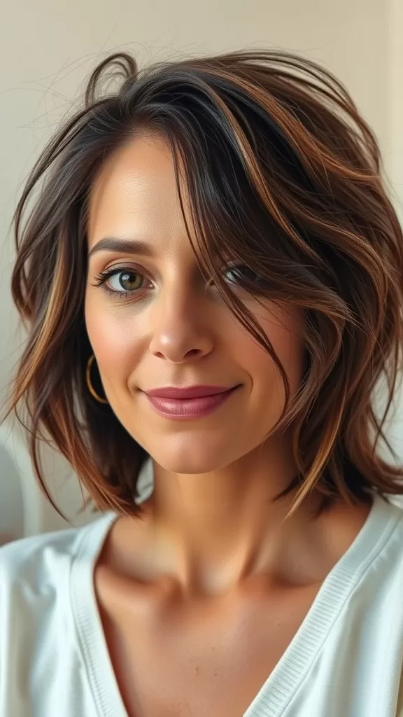 A woman with a messy shaggy lob haircut and a center part, showcasing warm highlights.
