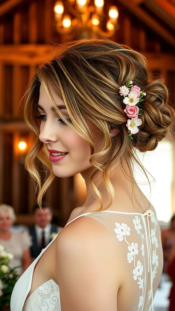A bride with a messy side chignon hairstyle adorned with floral accents, showcasing an elegant and relaxed updo.