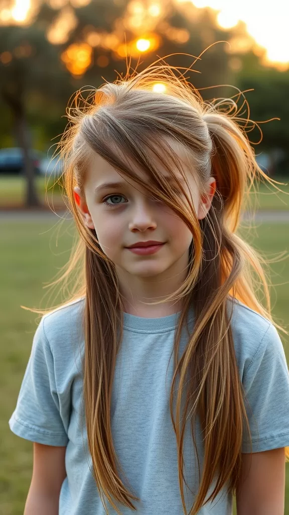 A young girl with a messy side ponytail and loose strands of hair