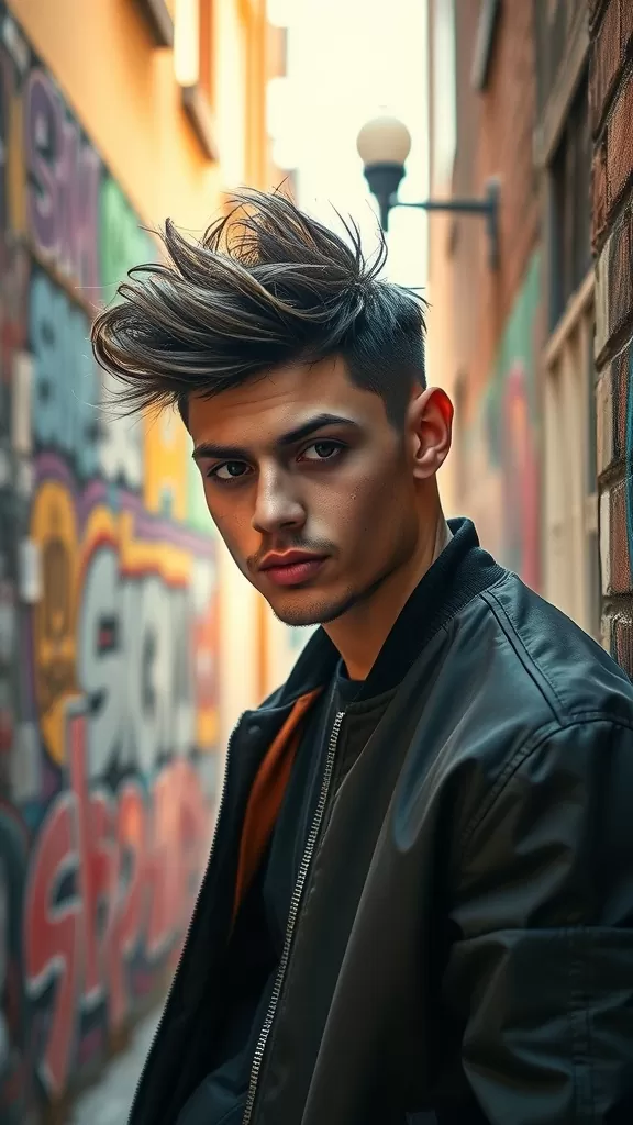 A young man with messy spiked hair, showcasing a trendy urban hairstyle.