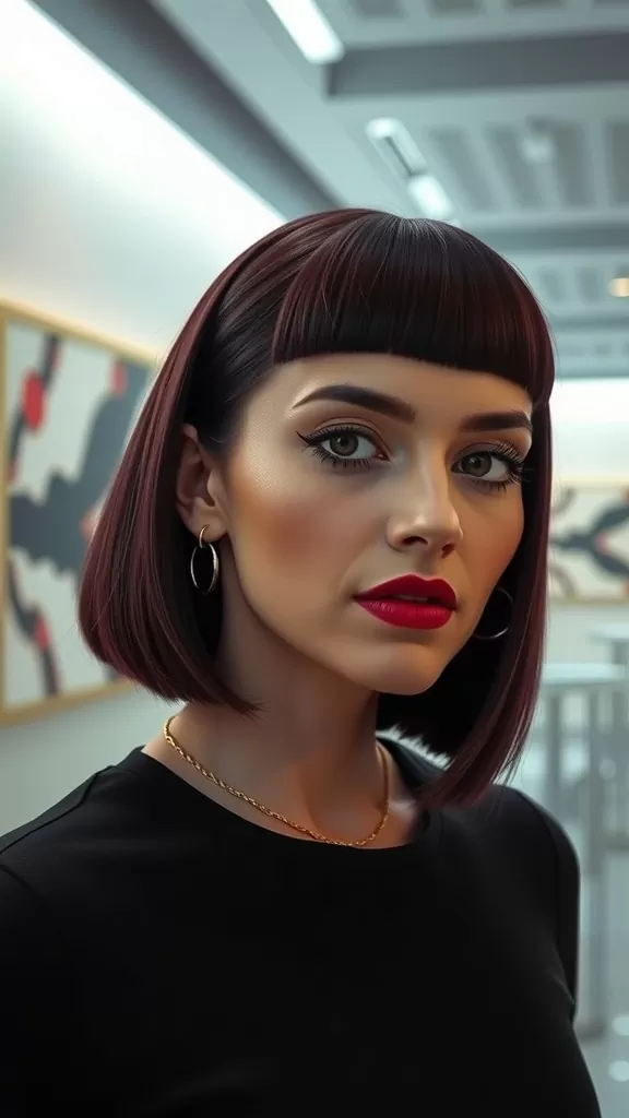 A woman with a sleek bob cut and micro bangs, showcasing a modern hairstyle.