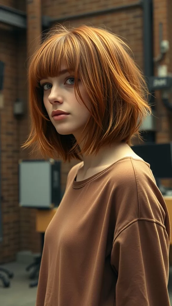 A woman with micro bangs and shaggy layers, showcasing a modern hairstyle.