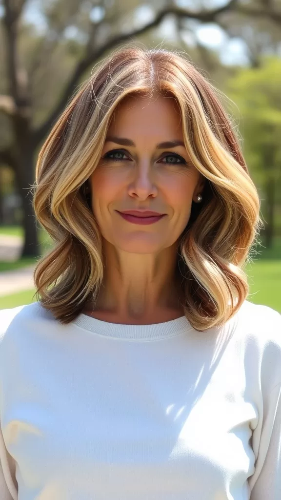Woman with mid-length shag haircut featuring sunkissed highlights, smiling outdoors