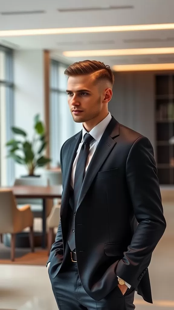 A young man in a sharp suit with a mid fade hairstyle and comb over style.