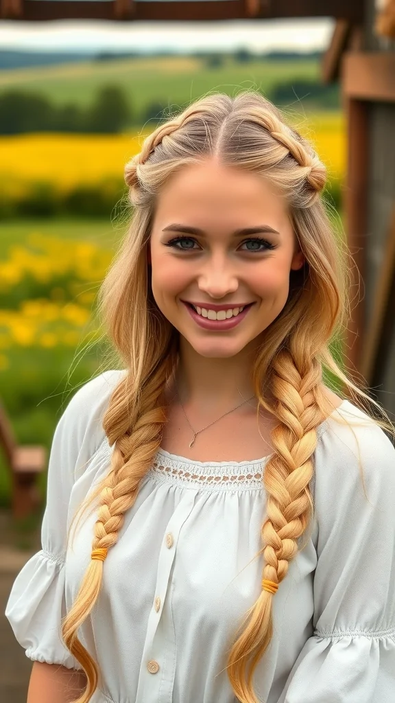 A young woman with blonde hair styled in milkmaid braids, smiling in a floral background.