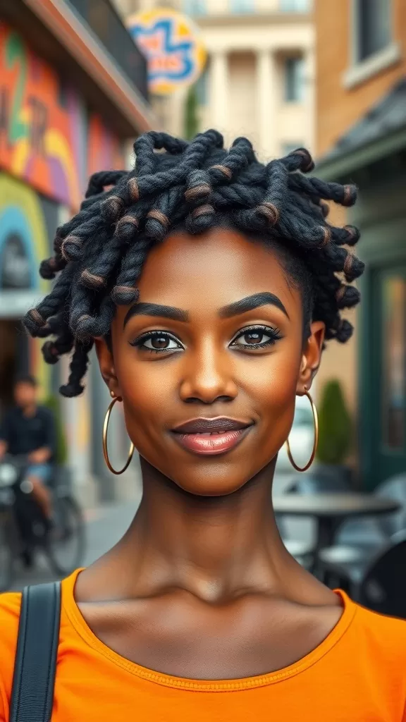 A woman with a mini Bantu knot updo hairstyle, wearing hoop earrings, with a colorful background.