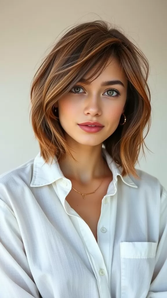 A woman with medium shag hairstyle, wearing a white shirt and looking confidently at the camera.