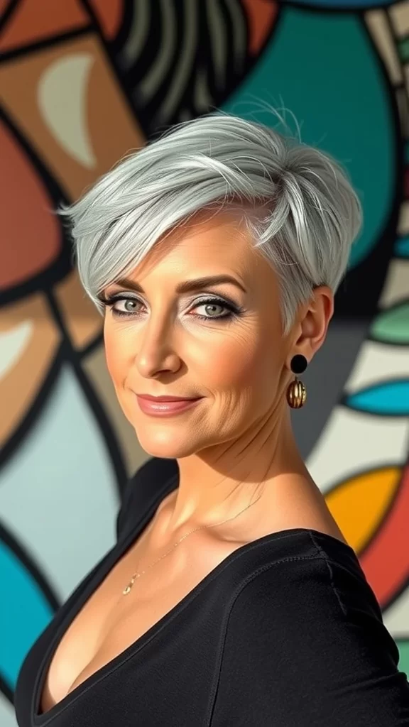 A woman with a modern asymmetrical pixie haircut, showcasing a stylish and confident look.