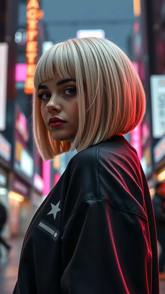 A woman with a modern bowl cut, wearing a black jacket, standing in a vibrant urban environment.