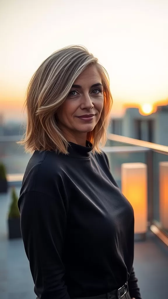 A woman with shag haircut and side-parted waves, smiling against a sunset backdrop.