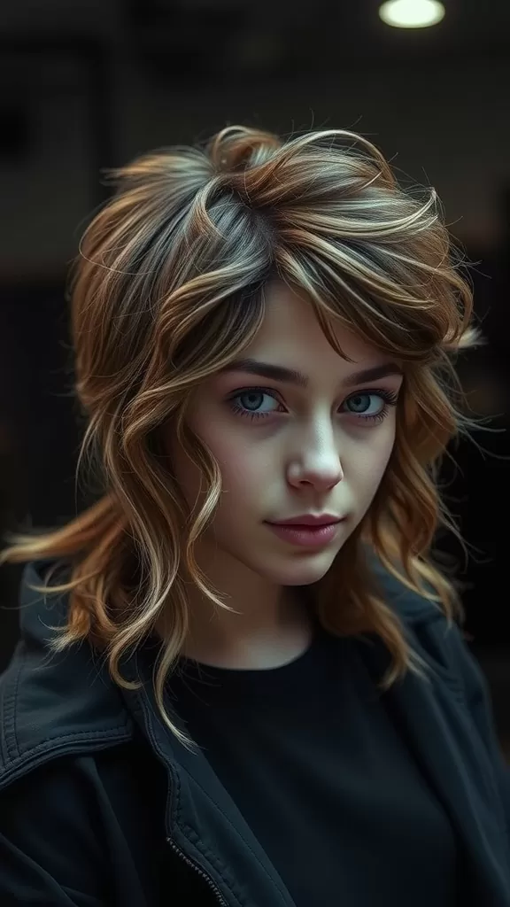 A woman with shaggy, layered hair styled in a Modern Wolf Cut, showcasing soft waves and a casual look.