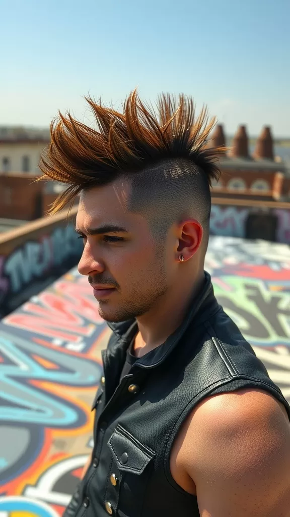A young man with a tall spiked Mohawk hairstyle, wearing a leather vest, with a vibrant graffiti background.