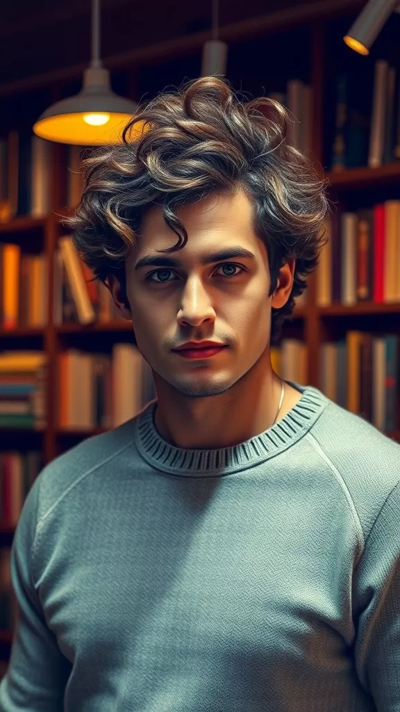 A young man with natural curly hair, styled casually, standing in front of a bookshelf.