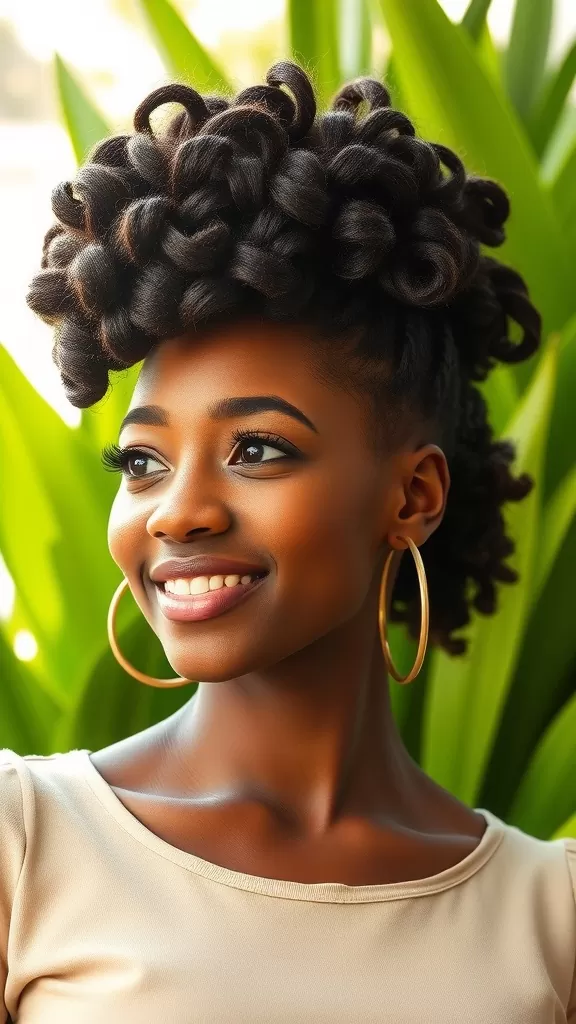 A woman with a high curly updo, smiling, surrounded by green plants