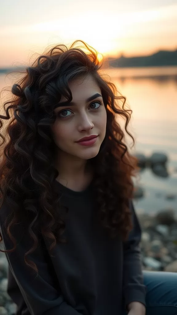 A young woman with curly hair sitting by the water during sunset