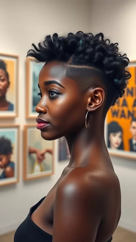 A woman with a natural tapered cut hairstyle, featuring short sides and curly texture on top, posing in an art gallery