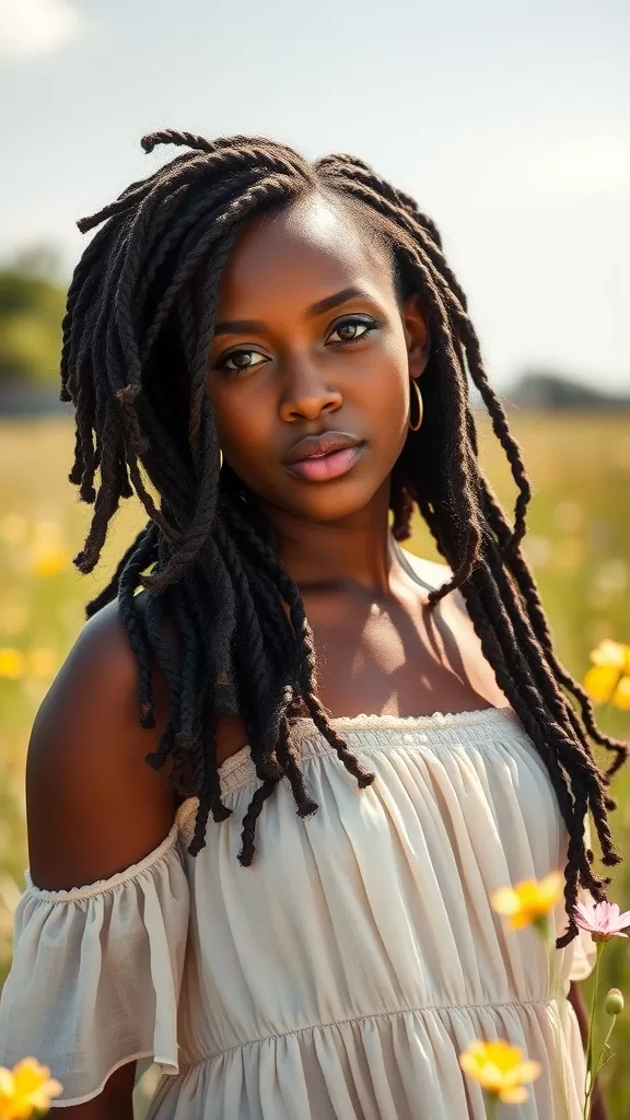 A model with passion twists standing in a flower field, wearing a light-colored off-shoulder dress.