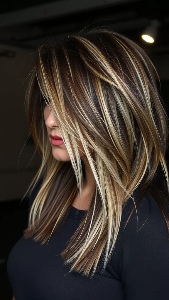 A woman with long shag haircut featuring piecey layers and platinum highlights.