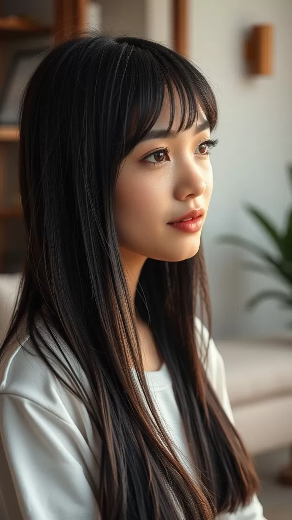 A young woman with long straight hair and a long fringe, looking thoughtfully to the side.