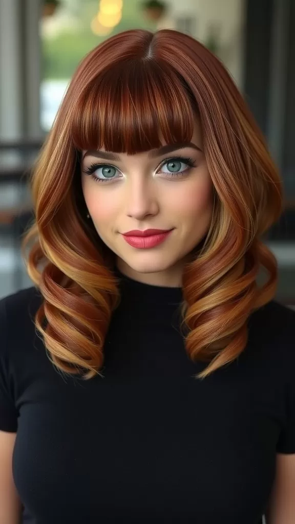 A woman with a pin-up inspired bob hairstyle, featuring soft curls and bangs, showcasing vibrant red hair.