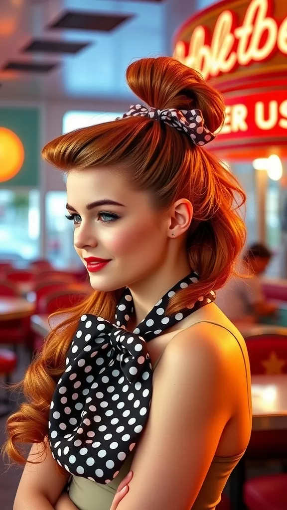 A model with a vintage pin-up ponytail hairstyle and a polka dot bow