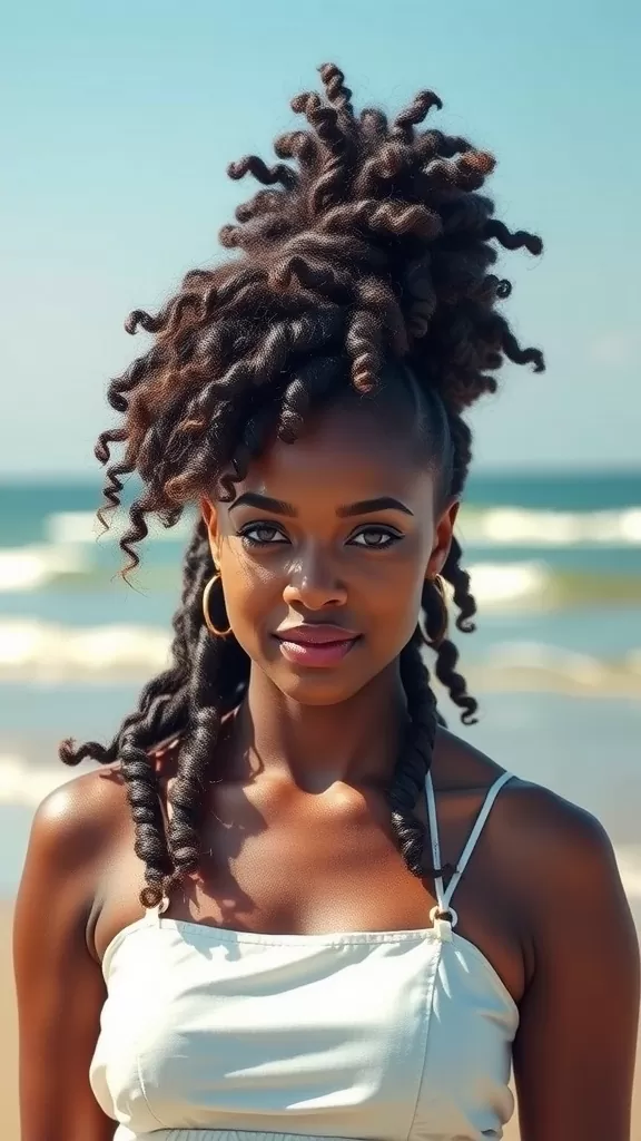 A woman with a high pineapple updo hairstyle standing on the beach, showcasing her natural curls.